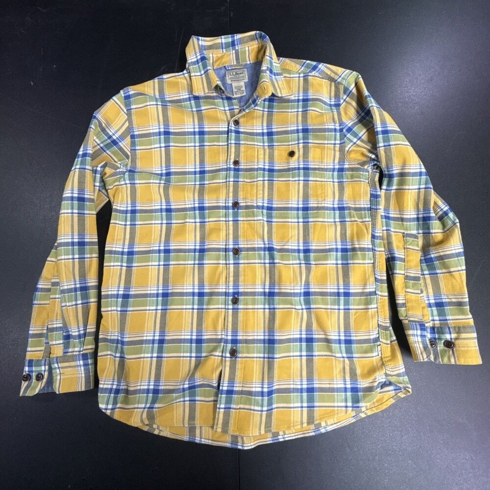 Men's LL Bean Yellow Blue Plaid Button Up Long Sleeve Flannel Shirt 513053 - SM